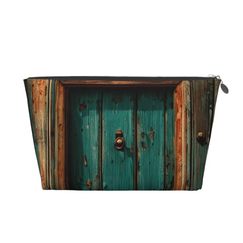 Rustikaler Kulturbeutel aus Leder mit antikem Holztürdruck, für Damen, Reisetasche für Toilettenartikel, Kosmetiktasche, Make-up-Tasche, silber, Einheitsgröße, Kulturbeutel von AQHNBM