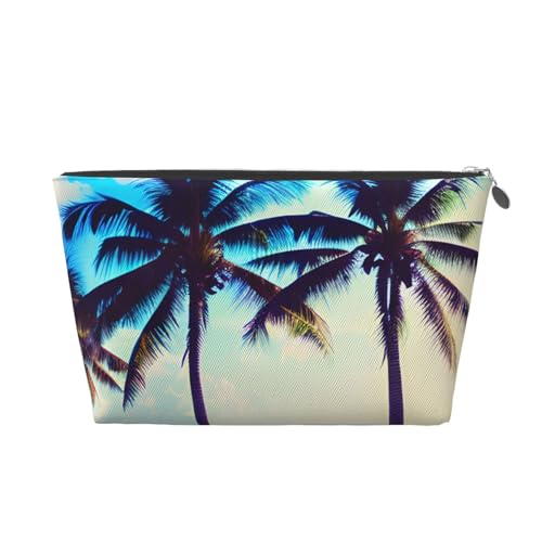 Strandpalmen 1 bedruckter Leder-Kulturbeutel für Damen, Reisetasche für Toilettenartikel, Kosmetiktasche, Make-up-Tasche, silber, Einheitsgröße, Kulturbeutel von AQHNBM