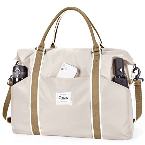 Handgepäcktasche für Damen mit Nassfach, Reisetasche für Wochenend, Übernachtung, Seesack mit Trolley-Ärmel, Turnbeutel, wasserdicht, groß, D-beige, 20inch, Tragetasche von AQIWO