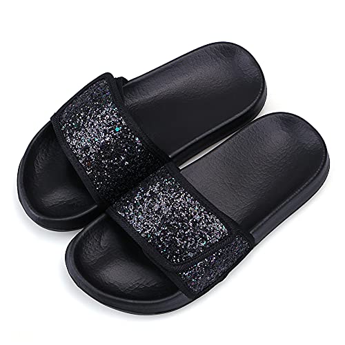 AQIYI Kinder Badelatschen Mädchen Sommer Pailletten Hausschuhe Kinder Sandalen Kleinkind Mädchen Weiche Rutschfest Pantoletten（30EU/Schwarz von AQIYI