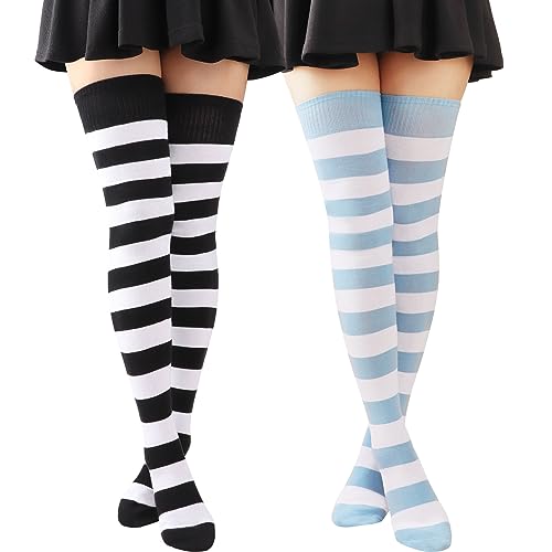 AQOKKA Extra lange Oberschenkelhohe Socken für Damen, lange Baumwollstiefel, Oberschenkelhohe Strümpfe, gestreift, Overknee-Socken, Beinstulpen, 2 Paar: gestreift (schwarz-weiß und blau-weiß), Extra von AQOKKA