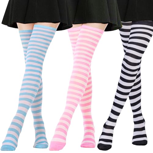 AQOKKA Extra lange Oberschenkelhohe Socken für Damen, gestreift, Overknee-Socken, lange Stiefel, Oberschenkelhohe Strümpfe, Beinstulpen, 3 Paar extra lang: weiß-blaue Streifen, weiß-rosa Streifen von AQOKKA
