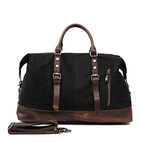 AQQWWER Damen Sporttasche Canvas Reisetaschen Herren Reisehandtasche Große Kapazität Vintage Style Leder Reisetasche (Color : Black) von AQQWWER