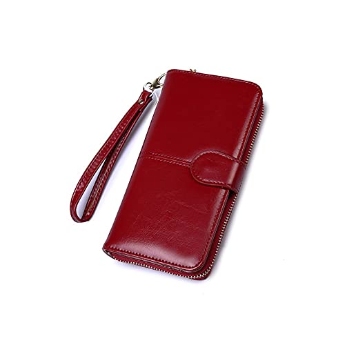 AQQWWER Geldbörsen für Damen Damen Wachs Leder Brieftasche Große Kapazität Schnalle Reißverschluss Lange Armband Kupplung Kartenhalter (Color : Dark red) von AQQWWER