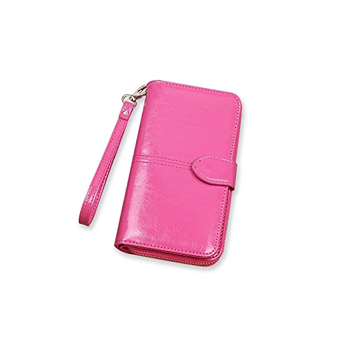AQQWWER Geldbörsen für Damen Damen Wachs Leder Brieftasche Große Kapazität Schnalle Reißverschluss Lange Armband Kupplung Kartenhalter (Color : Pink) von AQQWWER