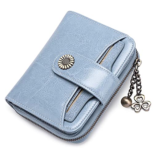 AQQWWER Geldbörsen für Damen Echtes Leder Brieftasche Frauen Kurze Reißverschluss Rindsleder Brieftaschen mit Kette Nette Kleine Münze Geldbörse Geld Tasche Brieftasche for Frauen (Color : Blue) von AQQWWER