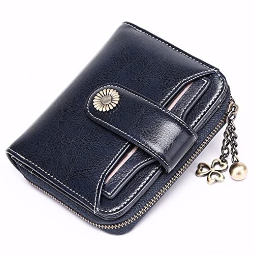 AQQWWER Geldbörsen für Damen Echtes Leder Brieftasche Frauen Kurze Reißverschluss Rindsleder Brieftaschen mit Kette Nette Kleine Münze Geldbörse Geld Tasche Brieftasche for Frauen (Color : Dark Blue von AQQWWER