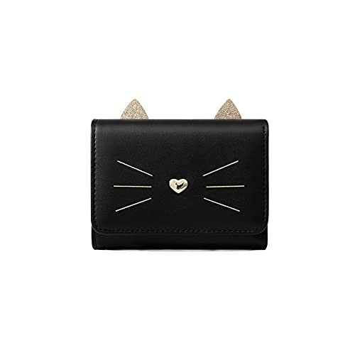 AQQWWER Geldbörsen für Damen Mode Damen Brieftasche Nette Katze Gesichtsbranche Kleine Kartentasche 30% Frauen Kurze Brieftasche (Color : Black) von AQQWWER