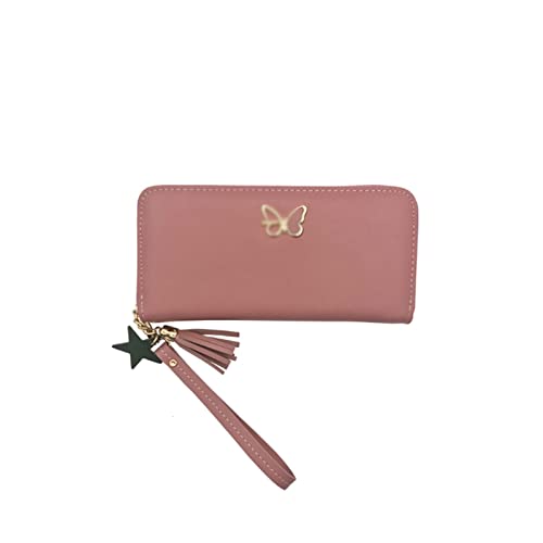 AQQWWER Geldbörsen für Damen Mode Geldbörsen für Frauen Schmetterling Lange Brieftasche Pu. Massivfarbe Reißverschluss Kupplungsbeutel Dame Bequemer Münzbörse (Color : Pink) von AQQWWER
