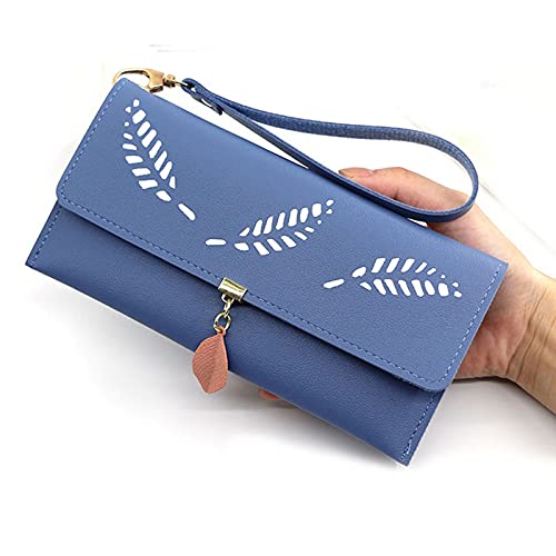 AQQWWER Geldbörsen für Damen Mode Hohl Leder Geld Tasche Damen Lange Brieftasche Hand Geldbörse Schnalle Armband Münze Geldbörse Kartenhalter (Color : Blue) von AQQWWER