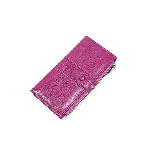 AQQWWER Geldbörsen für Damen Ölwachs Brieftaschen für Frauen Lange Geldbörsen Große Kapazität Doppel Reißverschluss Brieftasche Kupplung Dame Geldbörse (Color : Purple) von AQQWWER