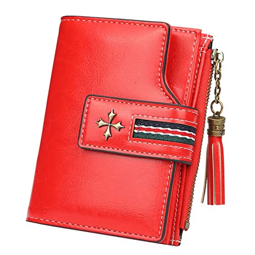 AQQWWER Geldbörsen für Damen Quaste Kurzfrauen Geldbörse Mode Hohe Qualität Geldbörsen Stilvolle Schwarze Geld Tasche Kartenhalter Münze Geldbörse Damen Pu. Leder Geldbörsen (Color : Red) von AQQWWER