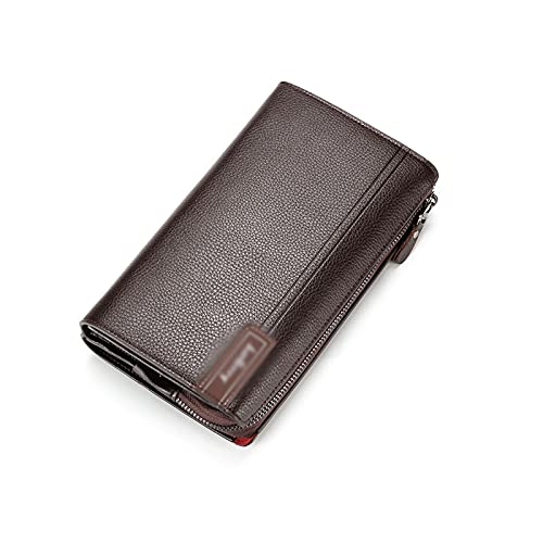 AQQWWER Herren Geldbörse Herren Brieftasche Reißverschluss Kupplungsbeutel Hohe Kapazität Walet Männer Echtes Leder Lange Geldbörse Qualität Handtasche Brieftaschen Groß (Color : Coffee) von AQQWWER