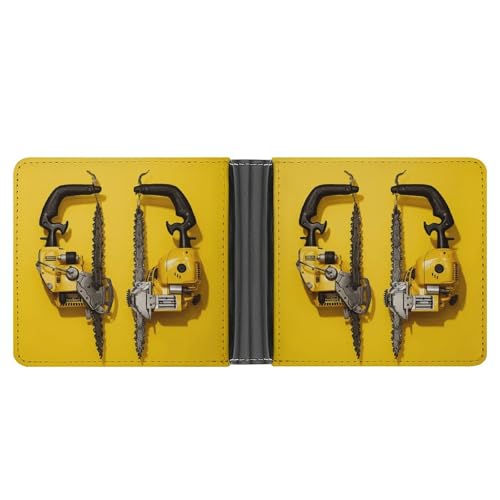 AQRJLPM Gelbe Geldbörse mit zwei Kettensägen und Geldklammer, Leder, Bifold Wallet Slim Kreditkartenhalter, Geschenk für Männer von AQRJLPM