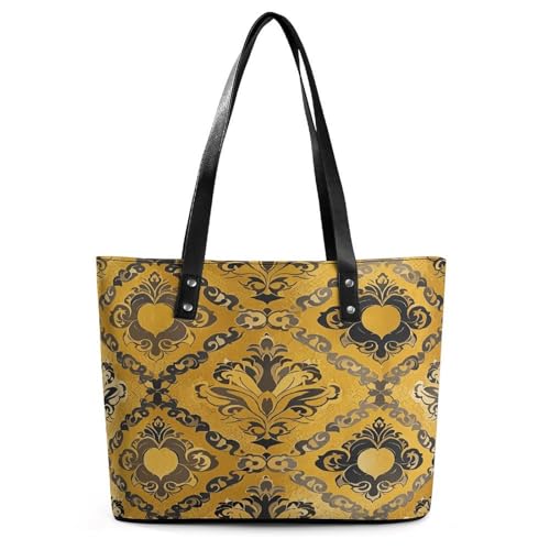 Brokatmuster in Gelb und Grau, Tragetasche, groß, weiches Leder, Geldbörse mit Reißverschluss, leichte Damen-Schultertasche von AQRJLPM