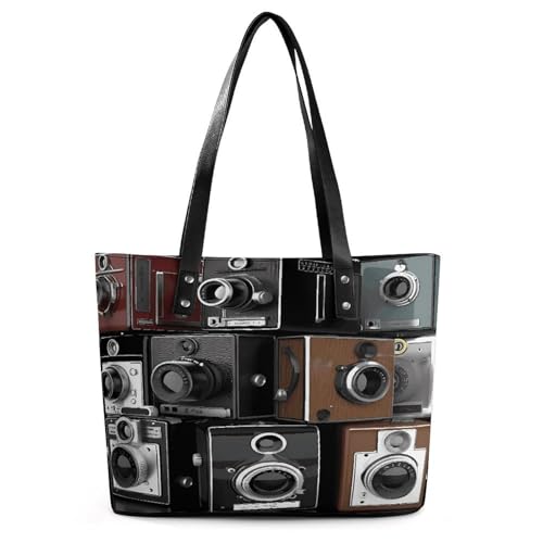 Retro Cool Camera Collection Tote Bag Large Soft Leather Purse with Zipper Lightweight Ladies Shoulder Handbag von AQRJLPM