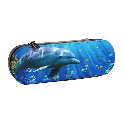 AQRJLPO 3D-Unterwasserwelt Fisch-Delphi-Druck, Leder-Federmäppchen, Organizer, Mehrzweck-Reise-Kosmetiktasche, Reißverschluss, Schreibtisch-Aufbewahrungsbox, kompaktes Geschenk für Schule, Büro von AQRJLPO