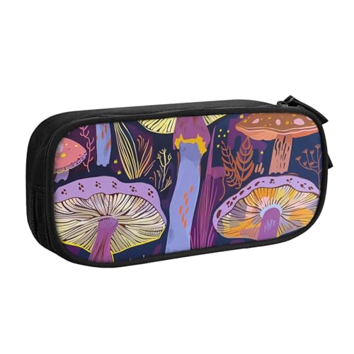AQRJLPO Bright Mushrooms Kunstdruck-Federmäppchen für Jungen und Mädchen, großes Fassungsvermögen, Büro, Schule, Studenten, Schreibwaren-Tasche, Stifthalter mit 2 Fächern, Schwarz, Schwarz von AQRJLPO