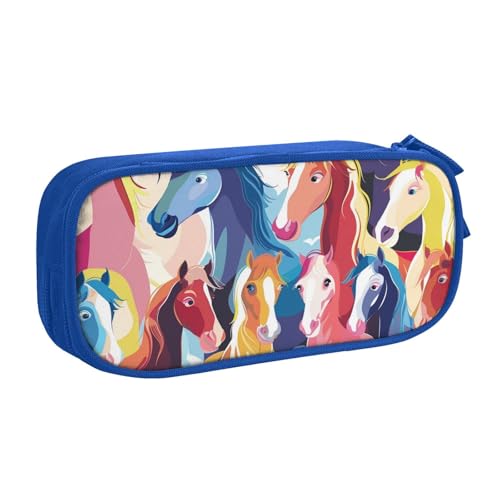 AQRJLPO Buntes Federmäppchen mit Cartoon-Pferde-Aufdruck, für Jungen und Mädchen, großes Fassungsvermögen, Büro, Schule, Studenten, Schreibwaren-Tasche, Stifthalter mit 2 Fächern, Schwarz, blau von AQRJLPO