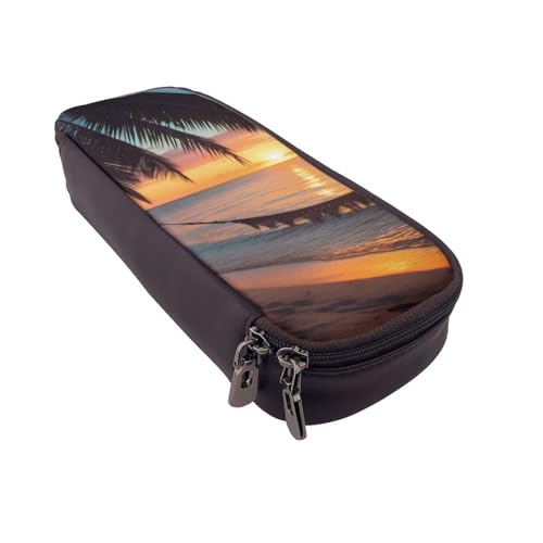 AQRJLPO Coconut Beach Sunset Hammock Prints Leather Pencil Case & Cosmetic Organizer Pouch with Zipper - Waterproof School Supplies, Travel Makeup Bag, Stationery Gift for Students, Women, Schwarz von AQRJLPO