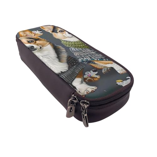 AQRJLPO Corgi Federmäppchen aus Leder mit Hunde-Aufdruck, Kosmetik-Organizer-Tasche mit Reißverschluss, wasserdicht, Schulbedarf, Reise-Make-up-Tasche, Schreibwaren-Geschenk für Studenten, Frauen von AQRJLPO