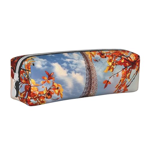 AQRJLPO Federmäppchen, Motiv: Paris Turm mit Blättern, bedrucktes Leder, einfaches Federmäppchen, niedliches Federmäppchen, Stifteetui, Schule, Schreibwaren, Organizer, Make-up-Tasche für Jungen von AQRJLPO