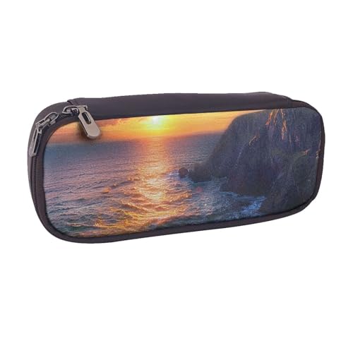 AQRJLPO Federmäppchen aus Leder, Motiv: Irland, Sonnenuntergang, Meereslandschaft, niedliches Federmäppchen, Reise-Make-up-Tasche, Schreibwaren, Geschenk für Studenten, Mädchen, Jungen, Frauen von AQRJLPO