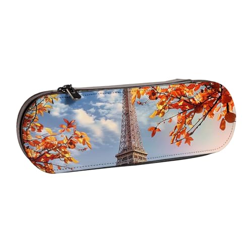 AQRJLPO Federmäppchen aus Leder, Motiv: Paris Tower mit Blättern, vielseitig verwendbar, Reise-Kosmetiktasche, Reißverschluss, Schreibtisch-Aufbewahrungsbox, kompaktes Geschenk für Schule, Büro von AQRJLPO