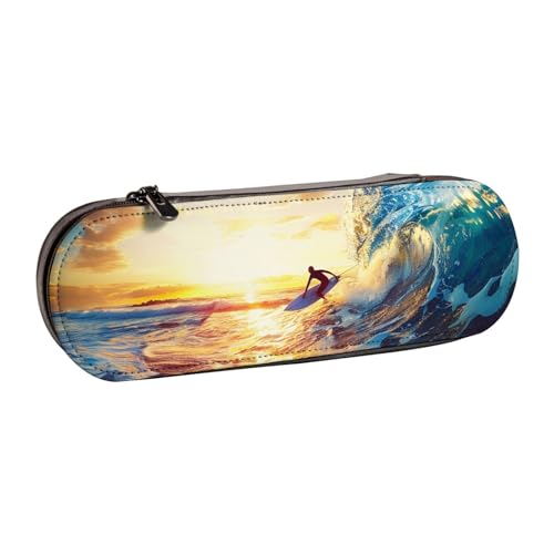 AQRJLPO Federmäppchen aus Leder, Motiv: Sonnenuntergang, Meer, Surfen, Meereslandschaft, multifunktional, Reise-Kosmetiktasche, Reißverschluss, Schreibtisch-Aufbewahrungsbox, kompaktes Geschenk für von AQRJLPO