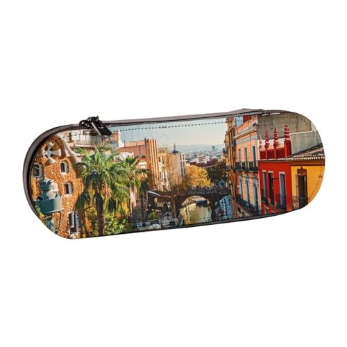 AQRJLPO Federmäppchen aus Leder, Motiv: Spanien, Wasserstadt, multifunktional, Reise-Kosmetiktasche, Reißverschluss, Schreibtisch-Aufbewahrungsbox, kompaktes Geschenk für Schule, Büro, Reisen, Schwarz von AQRJLPO