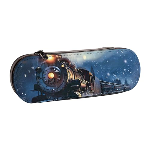 AQRJLPO Federmäppchen aus Leder für den Winter, Weihnachten, Schnee, Nacht, Eisenbahn, Zug, Aufdruck, Mehrzweck-Reise-Kosmetiktasche, Reißverschluss, Schreibtisch-Aufbewahrungsbox, kompaktes Geschenk von AQRJLPO