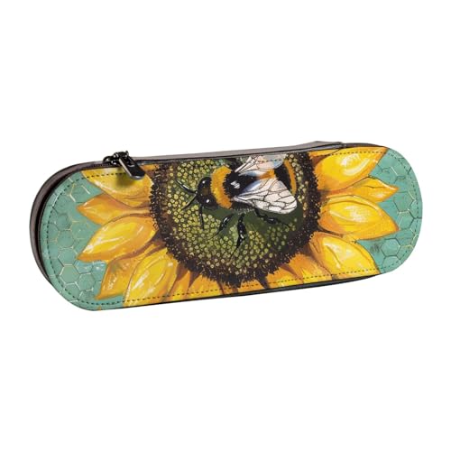 AQRJLPO Federmäppchen aus Leder mit Bienen- und Sonnenblumen-Aufdruck, vielseitig verwendbar, Reise-Kosmetiktasche, Reißverschluss, Schreibtisch-Aufbewahrungsbox, kompaktes Geschenk für Schule, Büro von AQRJLPO