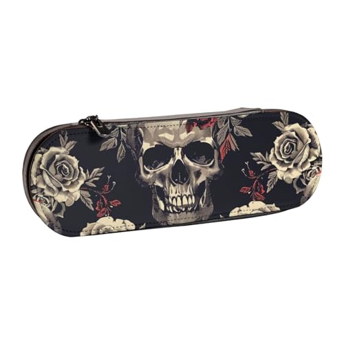 AQRJLPO Federmäppchen aus Leder mit Blumen-Totenkopf-Motiv, vielseitig verwendbar, Reise-Kosmetiktasche, Reißverschluss, Schreibtisch-Aufbewahrungsbox, kompaktes Geschenk für Schule, Büro, Reisen von AQRJLPO