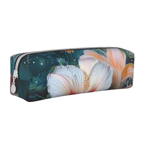 AQRJLPO Federmäppchen aus Leder mit Blumen und Schmetterlingen bedruckt, niedliches Federmäppchen, Stifteetui, Schule, Schreibwaren, Organizer, Make-up-Tasche für Jungen, Mädchen, Studenten, weiß von AQRJLPO