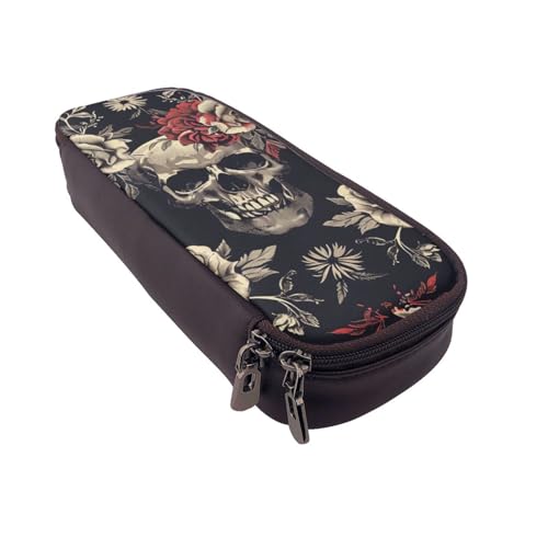 AQRJLPO Federmäppchen aus Leder mit Blumenschädel und Ornament-Muster, Kosmetik-Organizer-Tasche mit Reißverschluss, wasserdicht, Schulbedarf, Reise-Make-up-Tasche, Schreibwaren-Geschenk für Studenten von AQRJLPO