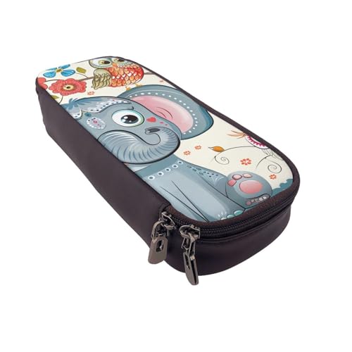 AQRJLPO Federmäppchen aus Leder mit Cartoon-Elefanten und Eulen, Blumendruck, Kosmetik-Organizer-Tasche mit Reißverschluss, wasserdicht, Schulbedarf, Reise-Make-up-Tasche, Schreibwaren-Geschenk für von AQRJLPO