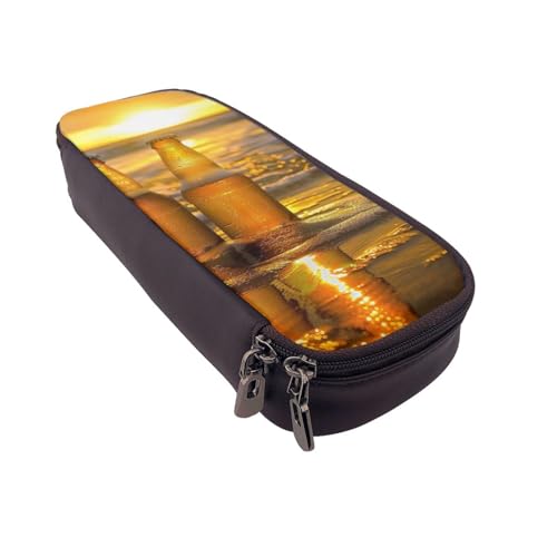 AQRJLPO Federmäppchen aus Leder mit Flaschenmotiv, Bier, Strand, Sonnenuntergang, Zeitdruck, Kosmetik-Organizer-Tasche mit Reißverschluss, wasserdicht, Schulbedarf, Reise-Make-up-Tasche von AQRJLPO