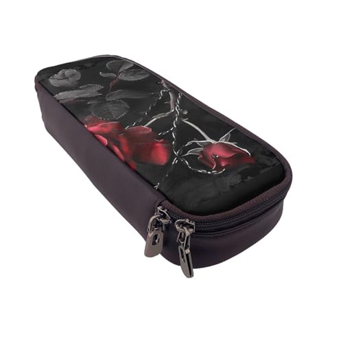 AQRJLPO Federmäppchen aus Leder mit Gothic-Motiv und schwarzem Rosenmuster, Kosmetik-Organizer-Tasche mit Reißverschluss, wasserdicht, Schulbedarf, Reise-Make-up-Tasche, Schreibwaren-Geschenk für von AQRJLPO