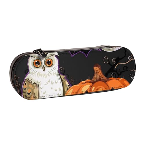 AQRJLPO Federmäppchen aus Leder mit Halloween-Eule, Geist, Fledermaus, Organizer, Mehrzweck-Reise-Kosmetiktasche, Reißverschluss, Schreibtisch-Aufbewahrungsbox, kompaktes Geschenk für Schule, Büro von AQRJLPO