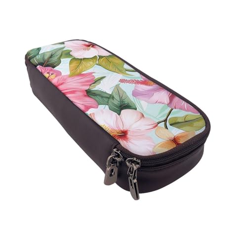 AQRJLPO Federmäppchen aus Leder mit Hawaii-Blumendruck, Kosmetik-Organizer-Tasche mit Reißverschluss, wasserdicht, Schulbedarf, Reise-Make-up-Tasche, Schreibwaren-Geschenk für Studenten, Frauen von AQRJLPO