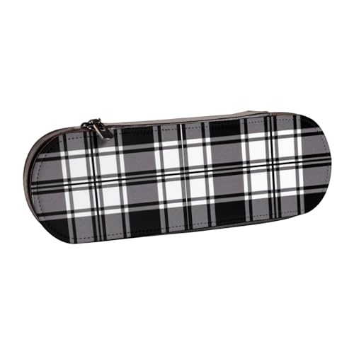 AQRJLPO Federmäppchen aus Leder mit Karomuster, vielseitig verwendbar, Reise-Kosmetiktasche, Reißverschluss, Schreibtisch-Aufbewahrungsbox, kompaktes Geschenk für Schule, Büro, Reisen, Schwarz von AQRJLPO