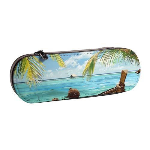 AQRJLPO Federmäppchen aus Leder mit Kokosnussblättern, vielseitig verwendbar, Reise-Kosmetiktasche, Reißverschluss, Schreibtisch-Aufbewahrungsbox, kompaktes Geschenk für Schule, Büro, Reisen, Schwarz von AQRJLPO