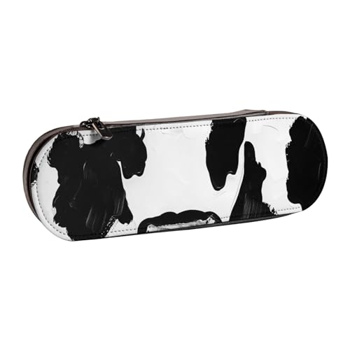 AQRJLPO Federmäppchen aus Leder mit Kuh-Aufdruck, multifunktional, Reise-Kosmetiktasche, Reißverschluss, Schreibtisch-Aufbewahrungsbox, kompaktes Geschenk für Schule, Büro, Reisen, Schwarz von AQRJLPO