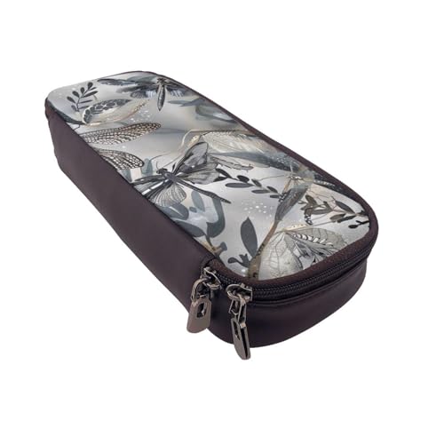 AQRJLPO Federmäppchen aus Leder mit Libellen-Motiv, grauer Druck, Kosmetik-Organizer-Tasche mit Reißverschluss, wasserdicht, Schulbedarf, Reise-Make-up-Tasche, Schreibwaren-Geschenk für Studenten von AQRJLPO