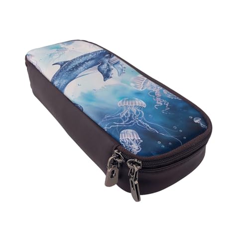 AQRJLPO Federmäppchen aus Leder mit Meereswal- und Quallen-Aufdruck, Kosmetik-Organizer-Tasche mit Reißverschluss, wasserdicht, Schulbedarf, Reise-Make-up-Tasche, Schreibwaren-Geschenk für Studenten von AQRJLPO