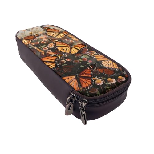 AQRJLPO Federmäppchen aus Leder mit Monarch-Schmetterling-Aufdruck, Kosmetik-Organizer-Tasche mit Reißverschluss, wasserdicht, Schulbedarf, Reise-Make-up-Tasche, Schreibwaren-Geschenk für Studenten von AQRJLPO