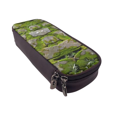 AQRJLPO Federmäppchen aus Leder mit Moosstein-Pflasterdruck, Kosmetik-Organizer-Tasche mit Reißverschluss, wasserdicht, für Schulbedarf, Reise-Make-up-Tasche, Schreibwaren-Geschenk für Studenten von AQRJLPO