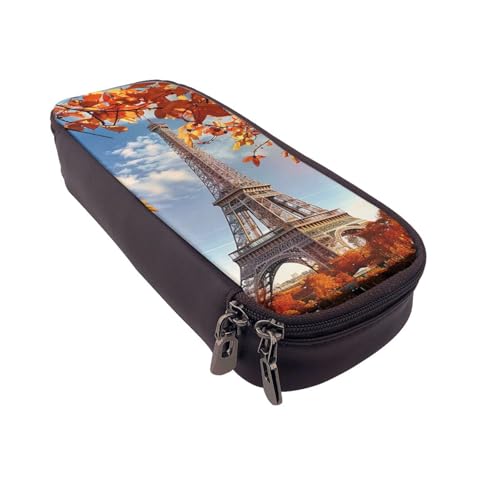 AQRJLPO Federmäppchen aus Leder mit Motiv Paris Tower mit Blättern, Kosmetik-Organizer-Tasche mit Reißverschluss, wasserdicht, Schulbedarf, Reise-Make-up-Tasche, Schreibwaren-Geschenk für Studenten von AQRJLPO