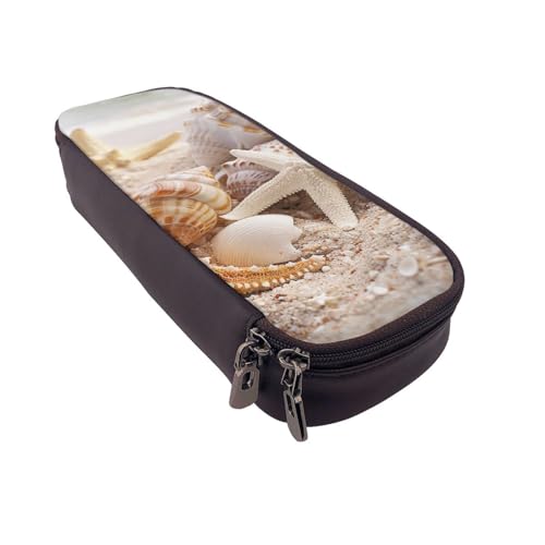 AQRJLPO Federmäppchen aus Leder mit Muschelmotiv am Strand, Kosmetik-Organizer-Tasche mit Reißverschluss, wasserdicht, für Schulbedarf, Reise-Make-up-Tasche, Schreibwaren-Geschenk für Studenten von AQRJLPO