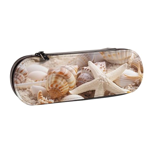 AQRJLPO Federmäppchen aus Leder mit Muschelmotiv am Strand, vielseitig verwendbar, Reise-Kosmetiktasche, Reißverschluss, Schreibtisch-Aufbewahrungsbox, kompaktes Geschenk für Schule, Büro, Reisen von AQRJLPO